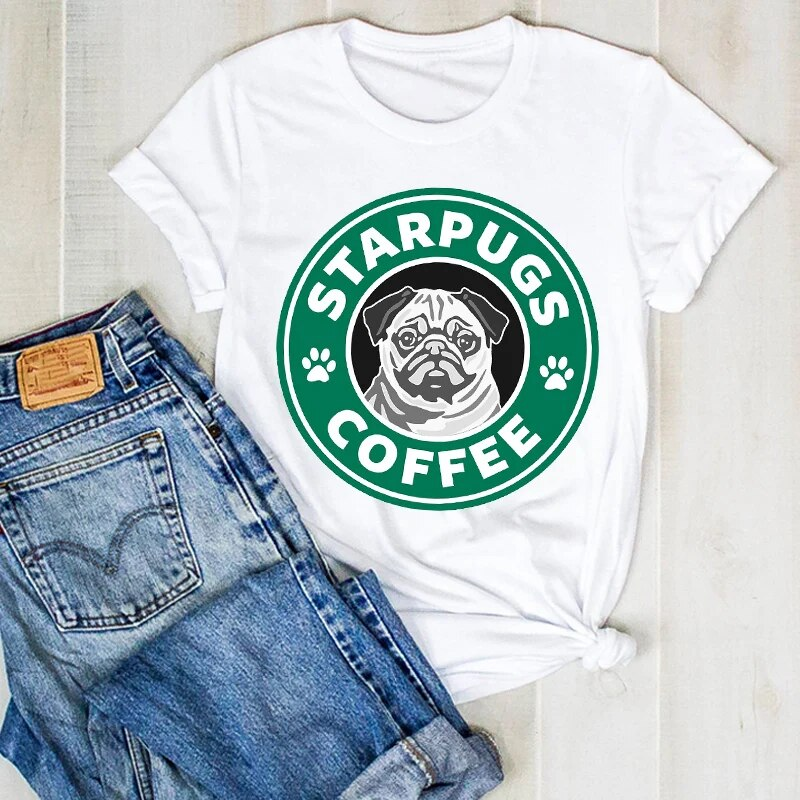 White T-Shirt - Star Pugs Coffee