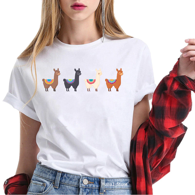 White T-Shirts - Coloured Alpacas